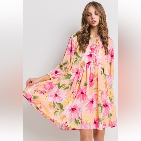 Unk Dresses & Skirts - Peach Floral Mini Dress with Pink Blossoms